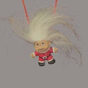 Vintage Santa Troll Doll Necklace With Red String & Wild White Hair